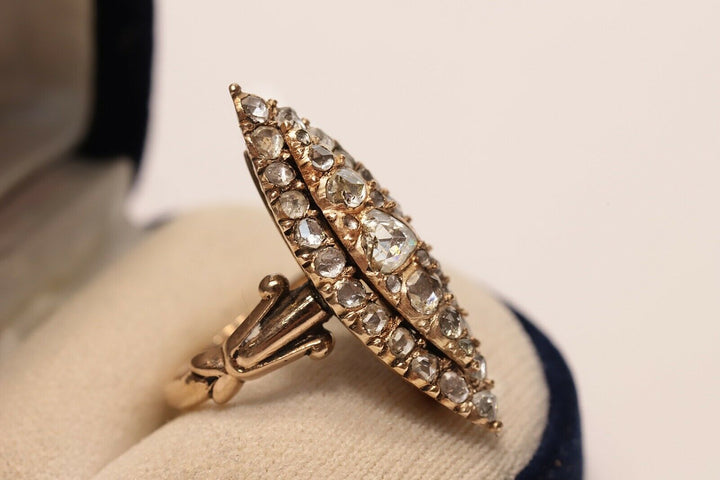 アンティーク オリジナル 12K ナチュラルローズカットダイヤモンドのナヴェットリング