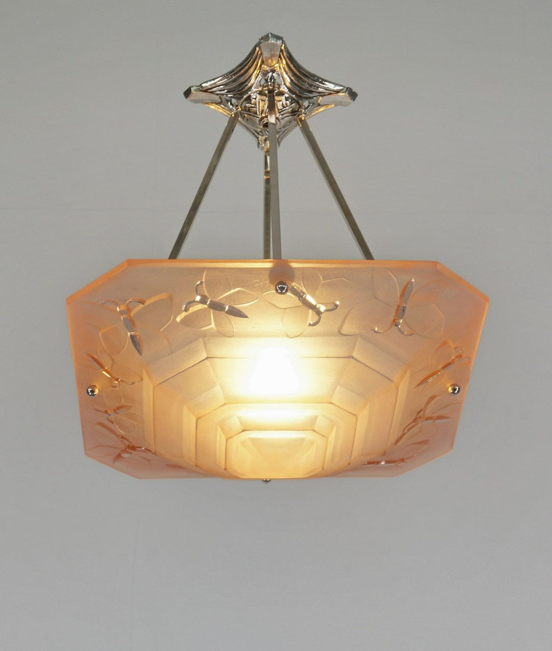 DEGUE : FRENCH 1930 ART DECO CHANDELIER .. butterflies . pendant lamp muller era