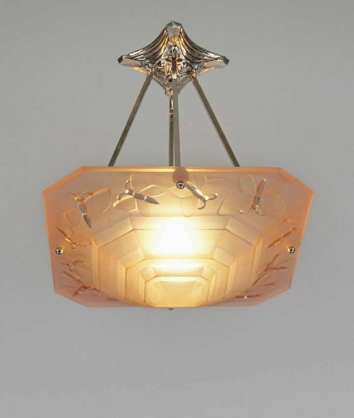 DEGUE : FRENCH 1930 ART DECO CHANDELIER .. butterflies . pendant lamp muller era