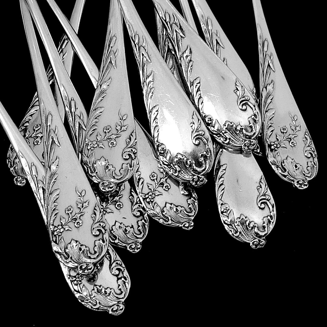 Debain French Sterling Silver Tea Coffee Spoons Set 12 pc, Art Nouveau