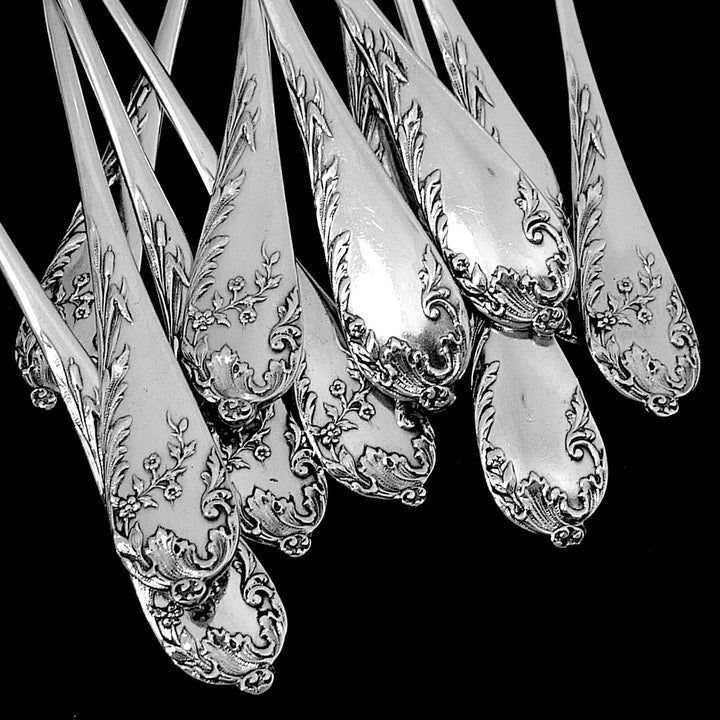 Debain French Sterling Silver Tea Coffee Spoons Set 12 pc, Art Nouveau