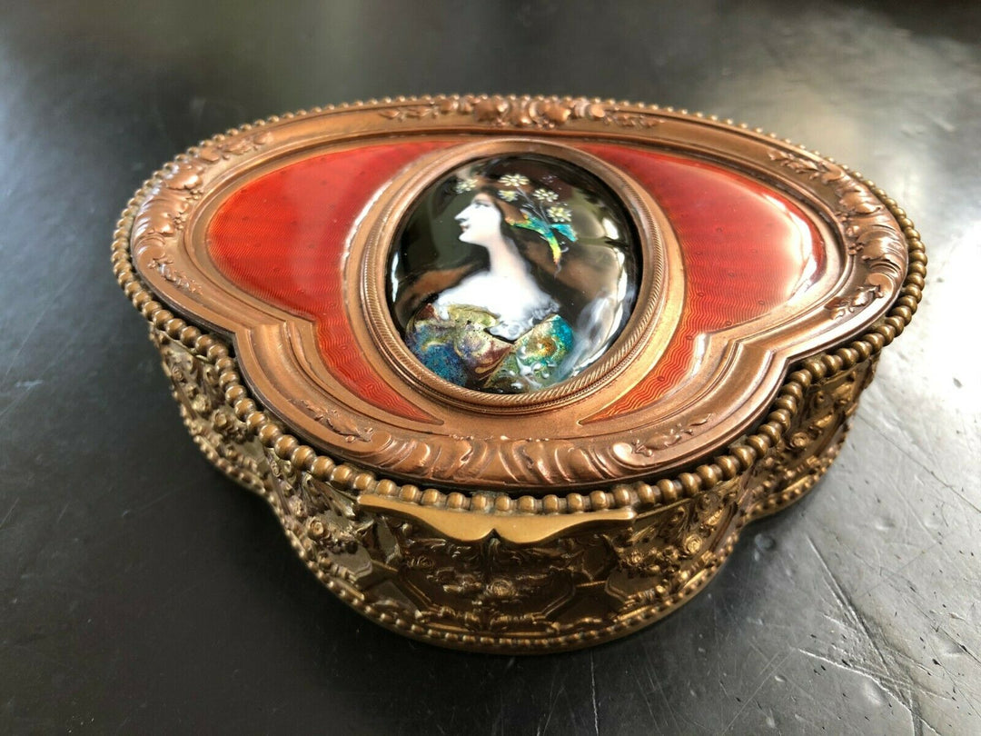 ANTIQUE FRENCH HINGED BRONZE BOX WITH LIMOGE HAND PAINTED ENAMEL