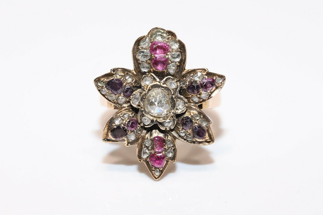 アンティーク ヴィクトリアン 14K ナチュラルローズカットダイヤモンド、ルビー、アメシストのリング