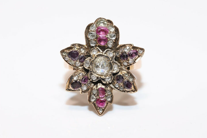 アンティーク ヴィクトリアン 14K ナチュラルローズカットダイヤモンド、ルビー、アメシストのリング