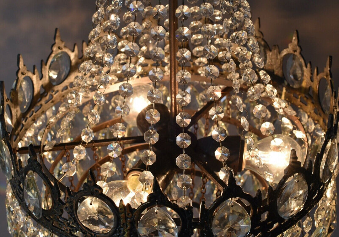 Two Antique Vintage Crystal Chandeliers in Bronze, Ceiling Lighting, pendants