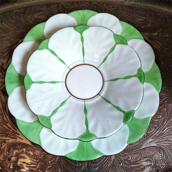 RARE Green & White Aynsley Butterfly handle Art Deco Teacup Saucer Side Plate