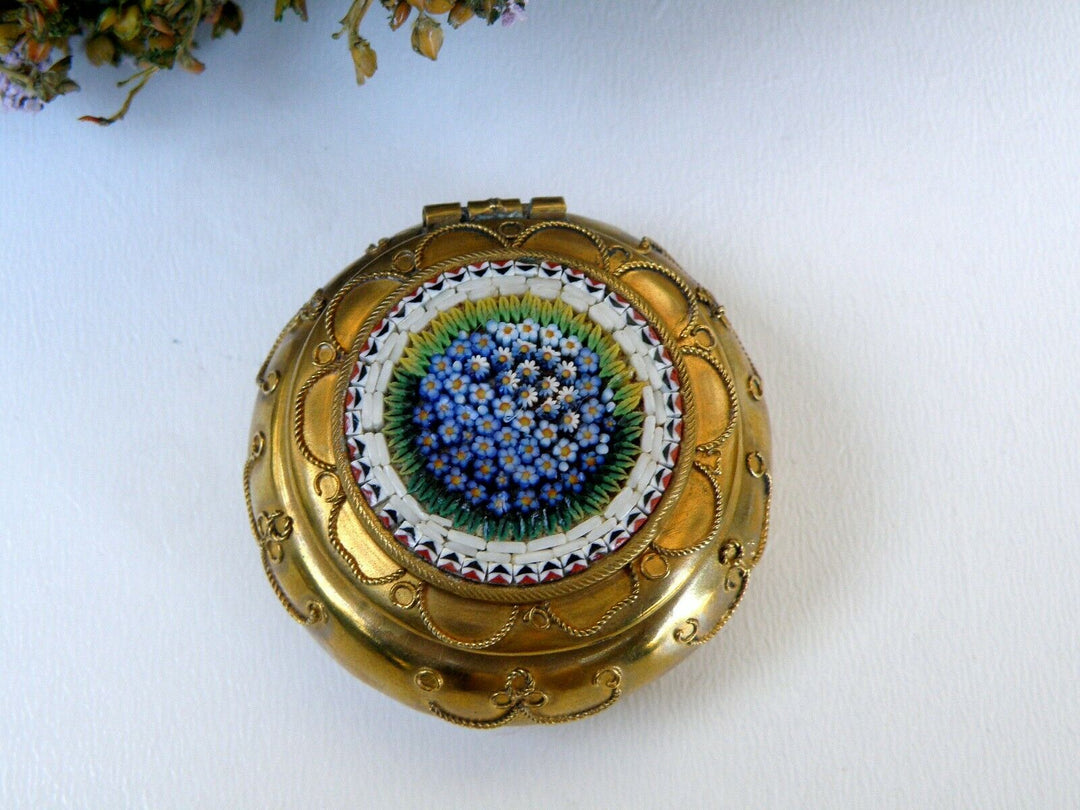 Micro Mosaic Splendid Antique Pill Box Flowers Decor