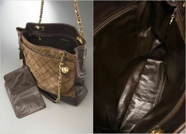 AUTH CHANEL Brown Gold Suede TOTE SHOULDER BAG