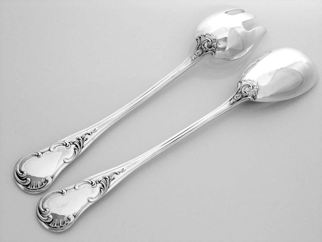 QUEILLE Elegant French All Sterling Silver Salad Serving Set 2 pc Rococo