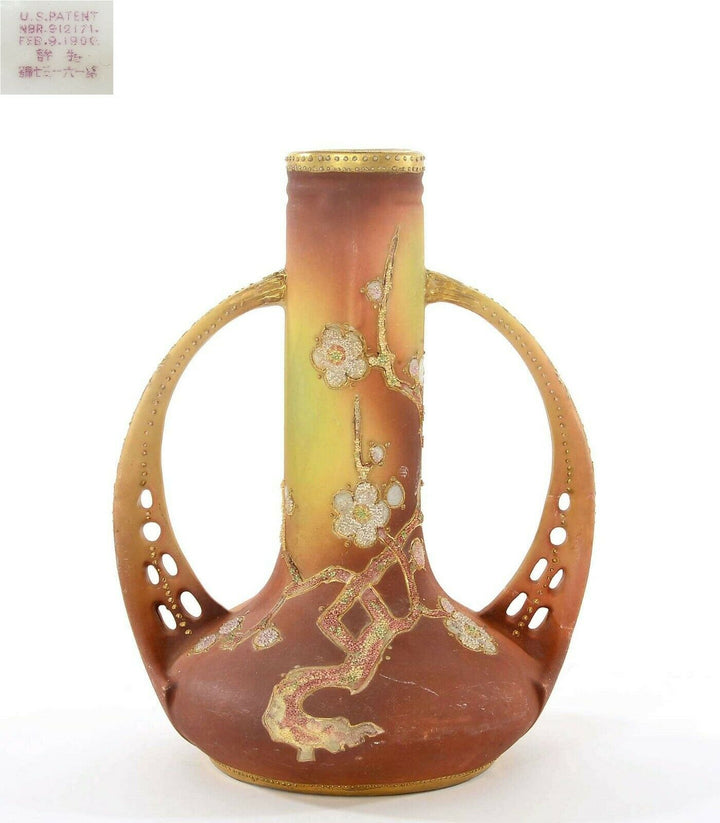 Japanese Nippon Porcelain Coralene Bead Handle Vase Plum Blossom Mk - AS IS