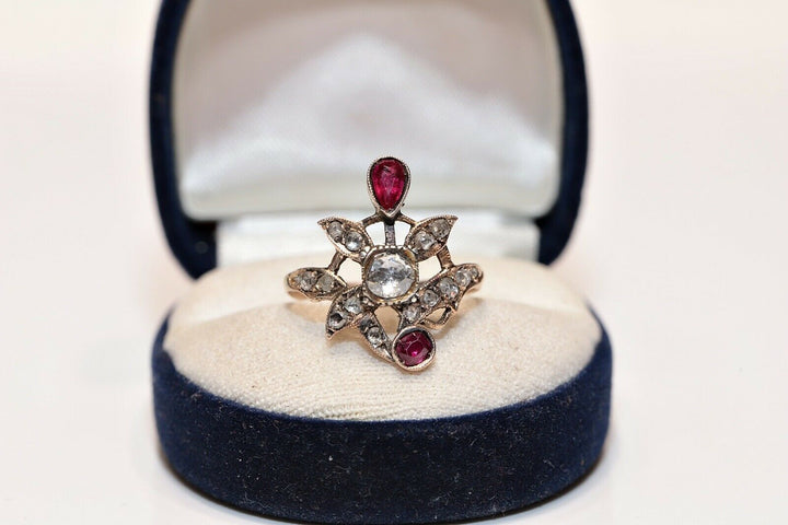 アンティーク 8K ナチュラルローズカットダイヤモンドとルビーのオスマンリング