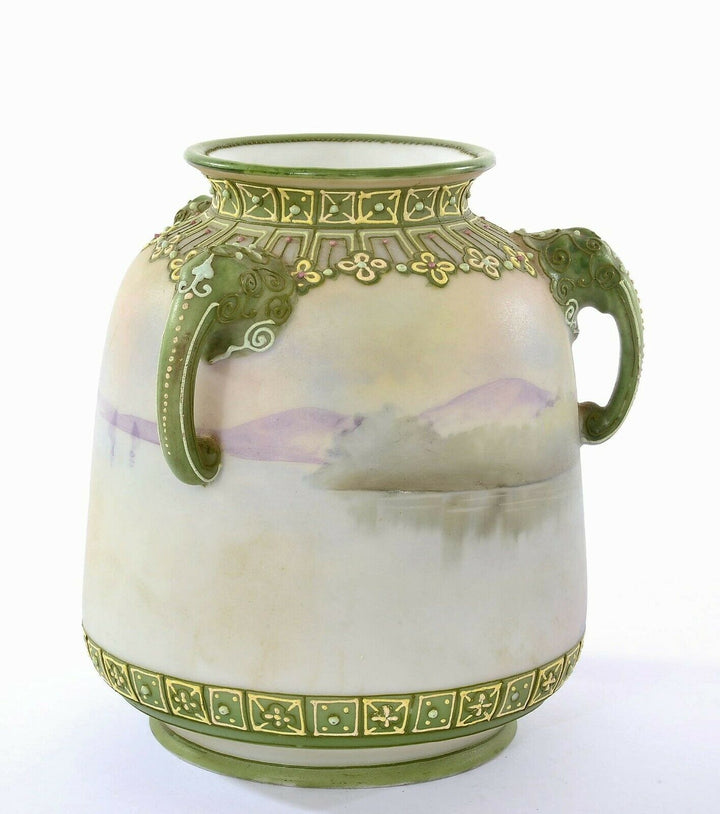 Japanese Hand Painted Moriage Nippon Porcelain Elephant Handle Scenic Vase Mk
