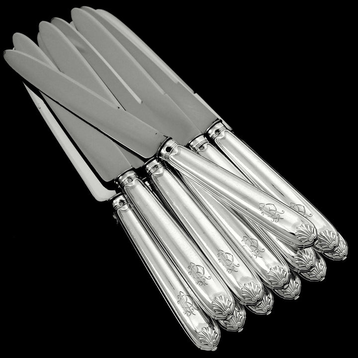Puiforcat French Sterling Silver Dinner Dessert Knife Set 24 Pc, box, Shell