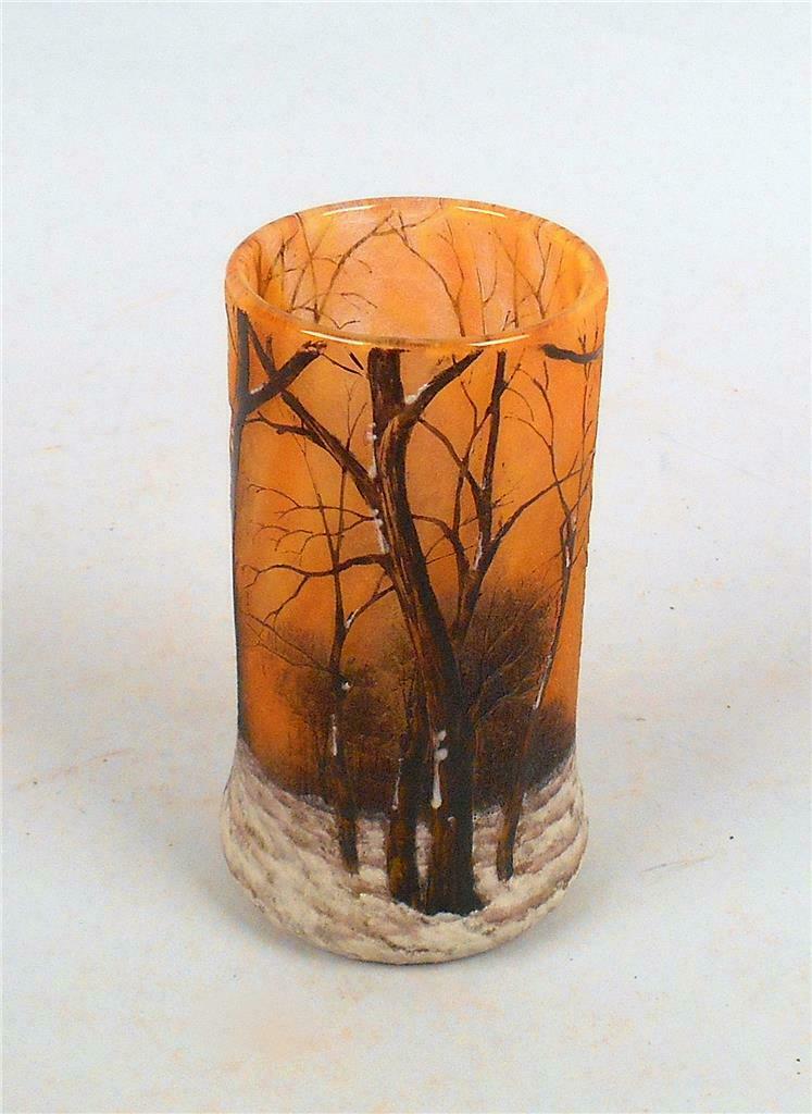 SIGNED DAUM NANCY WINTER SCENIC WOODLAND DECOR 6" VASE