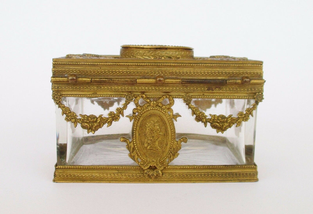 RARE ANTIQUE 19TH CENTURY FRENCH BRONZE & BACCARAT CRYSTAL JEWERLY CASKET BOX