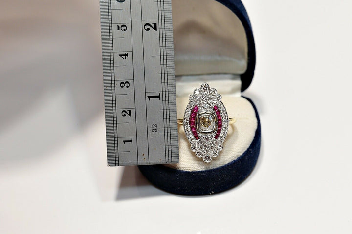 アールデコスタイル 18K ナチュラルダイヤモンドとルビーのナヴェットリング