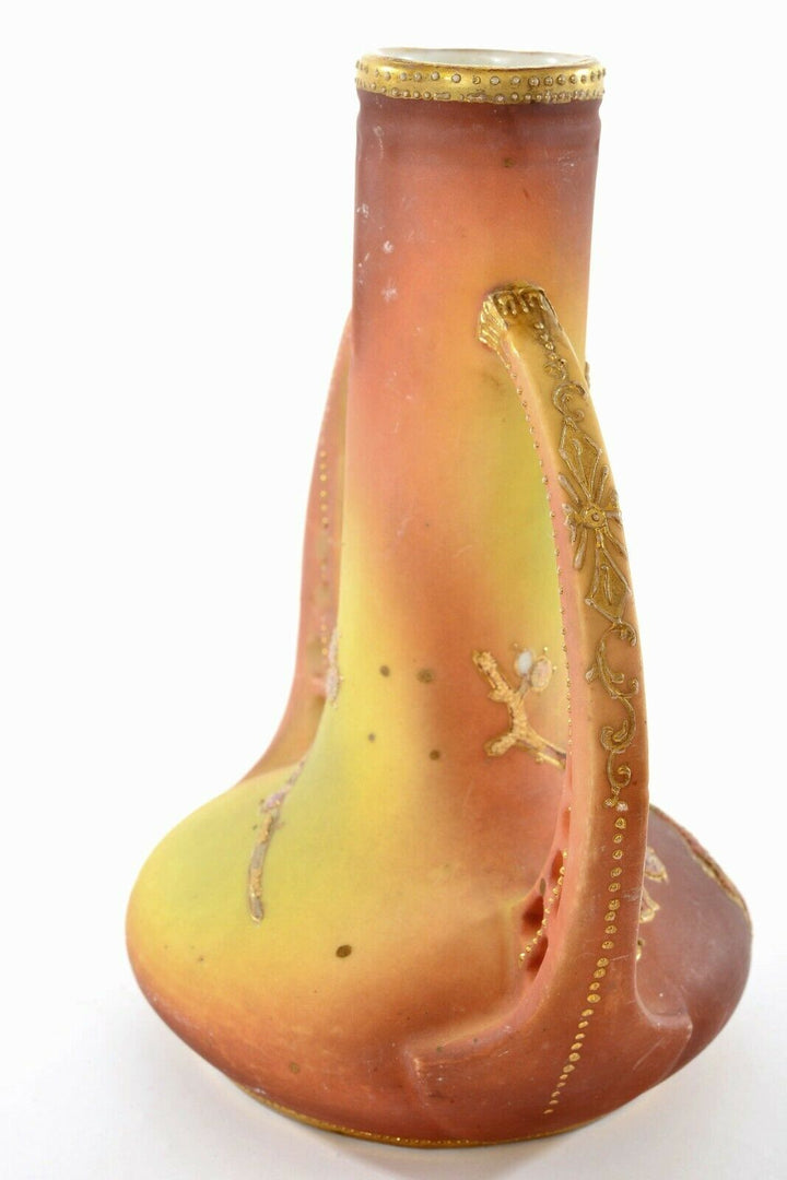 Japanese Nippon Porcelain Coralene Bead Handle Vase Plum Blossom Mk - AS IS