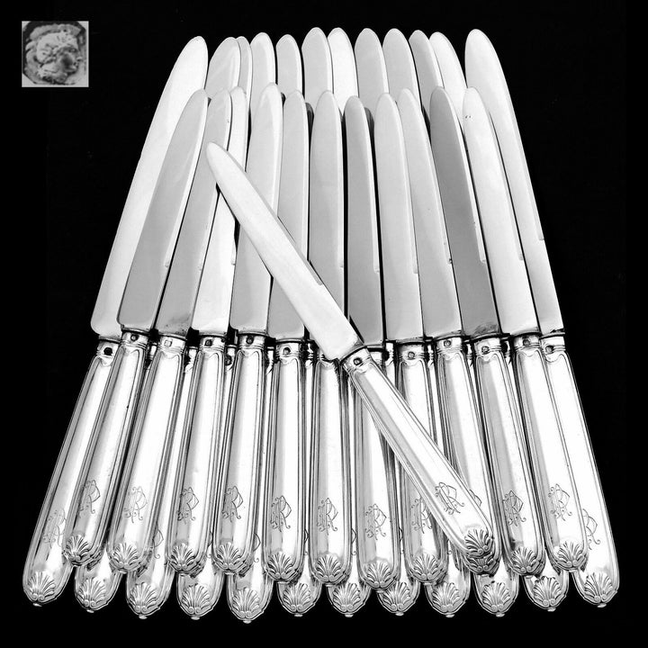 Puiforcat French Sterling Silver Dinner Dessert Knife Set 24 Pc, box, Shell