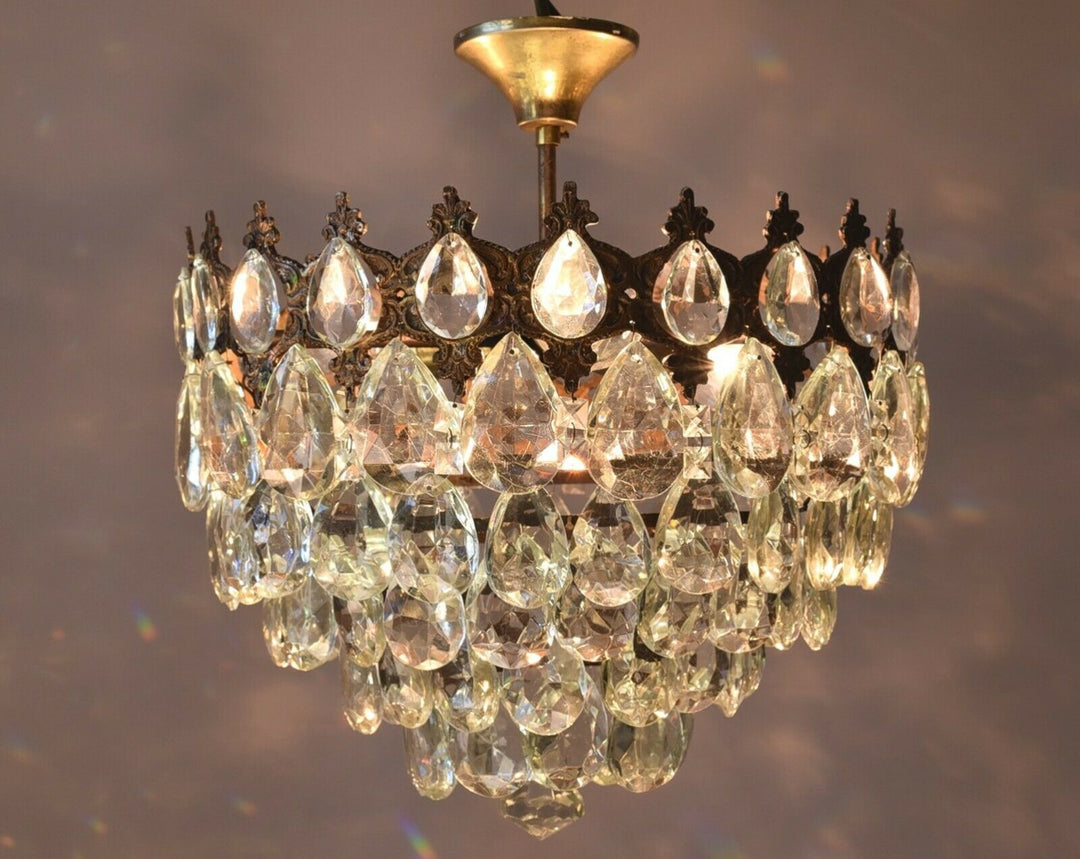 Flush Antique / Vintage Crystal Chandelier, Low Ceiling Chandelier, 1950's lamp