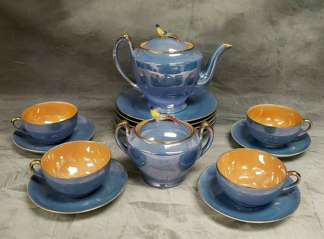 オールドノリタケ(Noritake)　鳥モチーフ　1900年代前半　ラスター技法を使ったティーセット16点