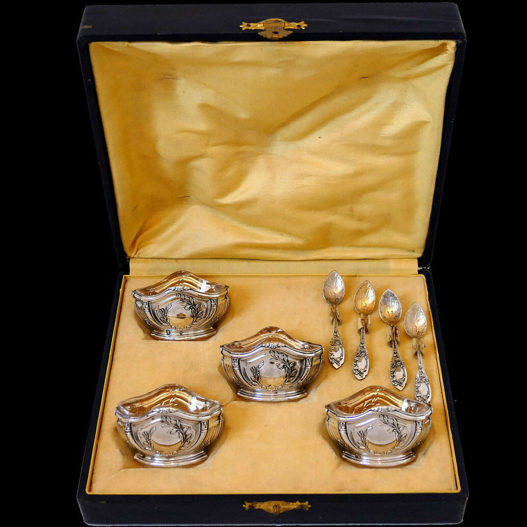 Puiforcat French Sterling Silver 18k Gold 4 Salt Cellars, Spoons, Box, Empire
