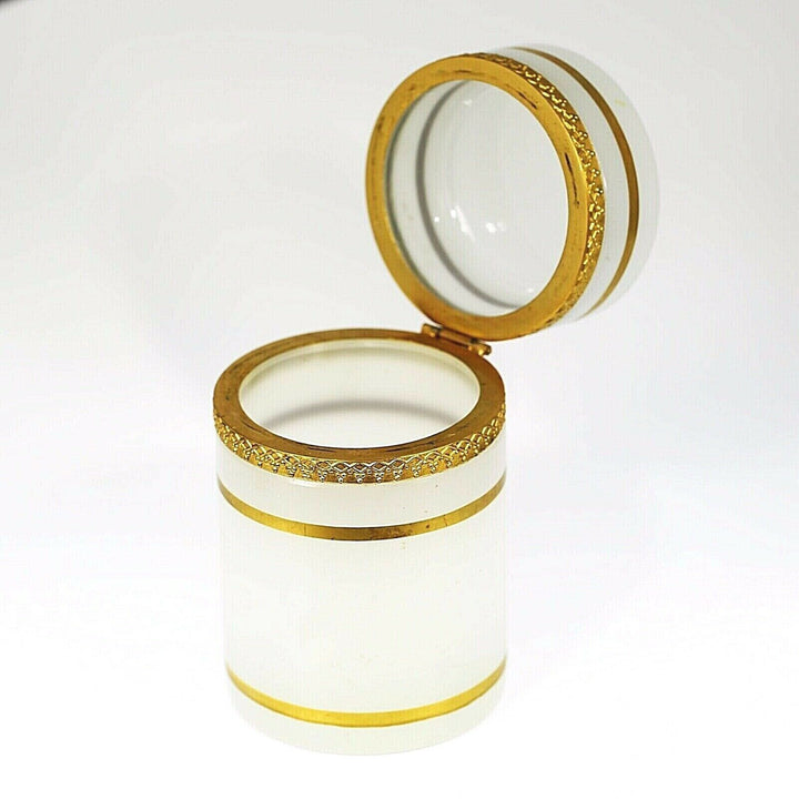 Vintage French trinket or jewelry BOX opaline glass w/ gold bands and hinged lid