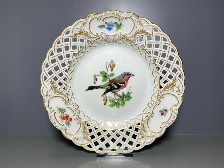 MEISSEN DURCHBRUCHTELLER TELLER VOGELMALEREI VOGEL AUF AST BLUMEN INSEKT D:21cm