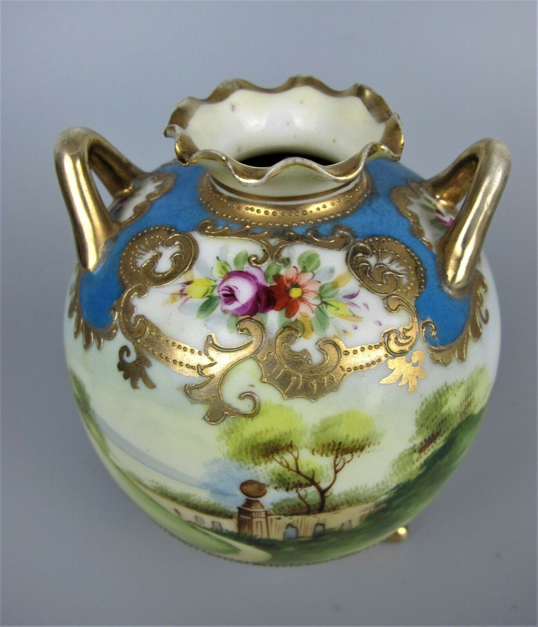 Pair of superb antique vtg Noritake rotund Vases / Urns. Hand painted blue c1910