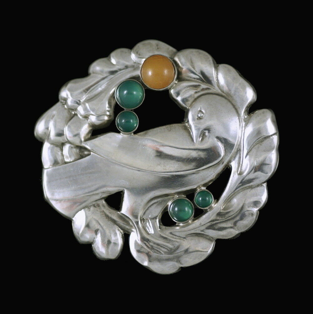 Georg Jensen. Silver Dove Brooch with Agate & Amber #70. 1904-08 Hallmarks