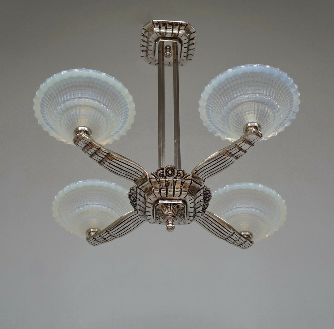 LAVAL & GAUTHIER Ezan EJG : FRENCH OPALESCENT ART DECO CHANDELIER .... 1930 1935
