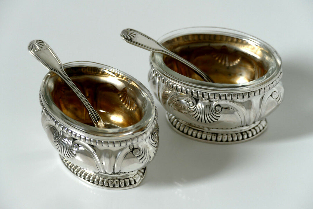Puiforcat Gorgeous French Sterling Silver 18K Gold Salt Cellars Pair w/spoons