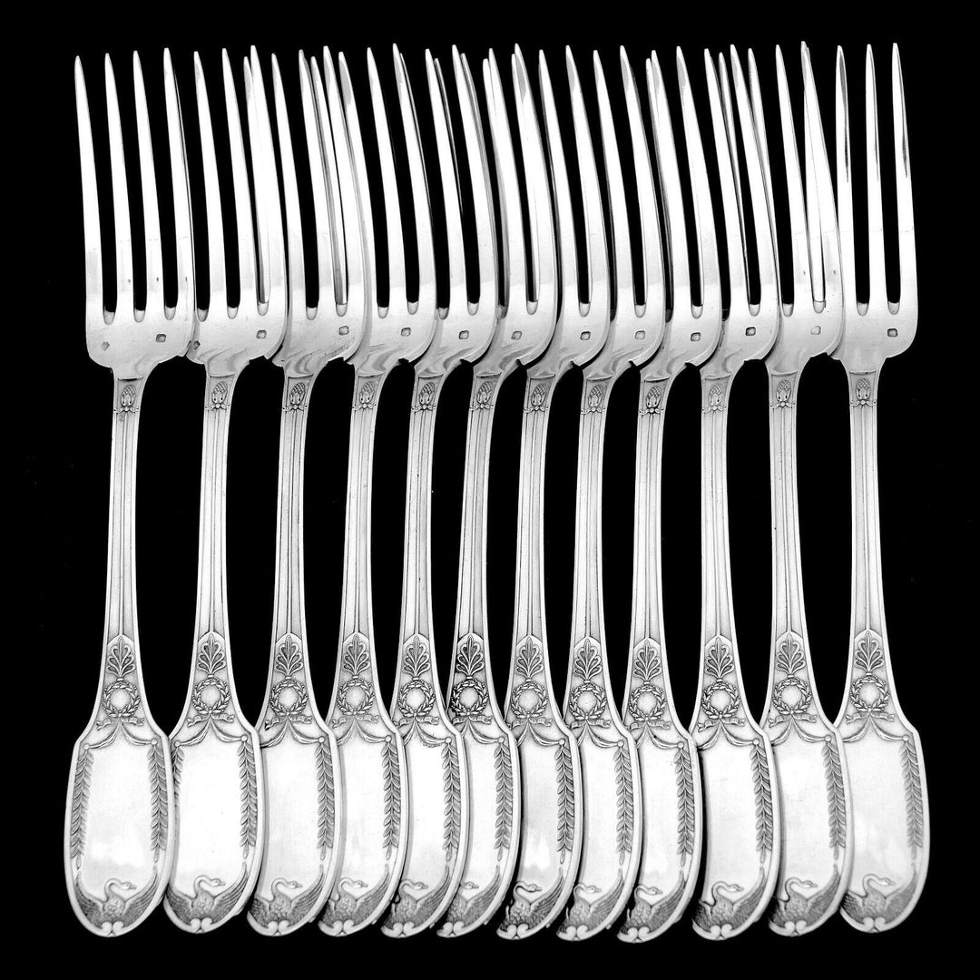 Puiforcat French Sterling Silver Flatware Set 92 Pc, Empire, Swan, Box