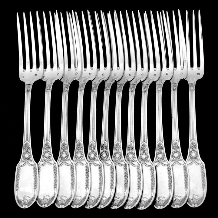Puiforcat French Sterling Silver Flatware Set 92 Pc, Empire, Swan, Box
