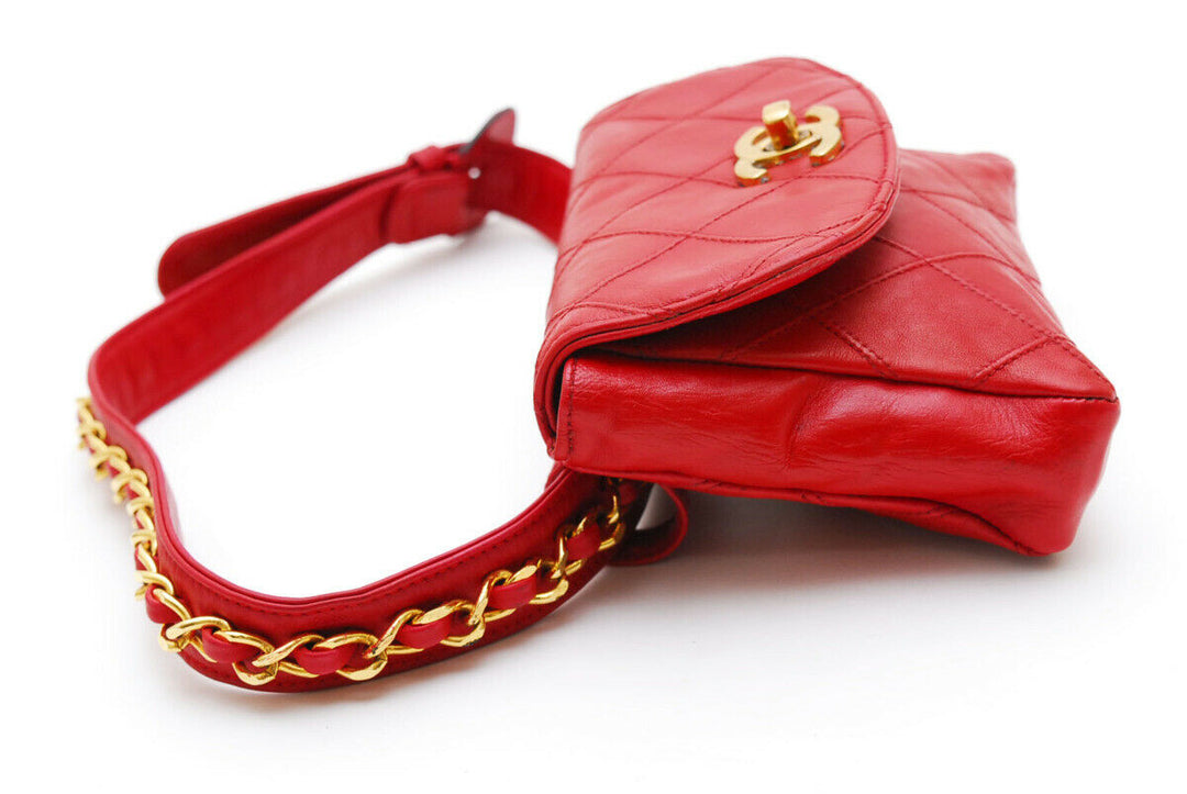 Auth CHANEL Quilted CC Chain Belt Waist Bum Bag Red Leather