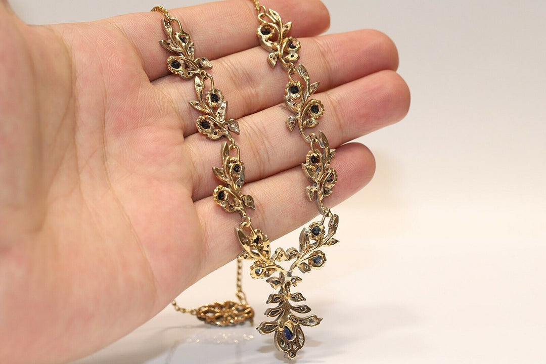 ヴィンテージ 18K ゴールド、シルバー、ローズカットダイヤモンド、サファイアのネックレス
