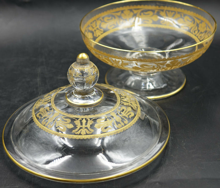 French Baccarat Covered Candy Bowl & Plate Gold Encrusted Fleur De Lys 1907