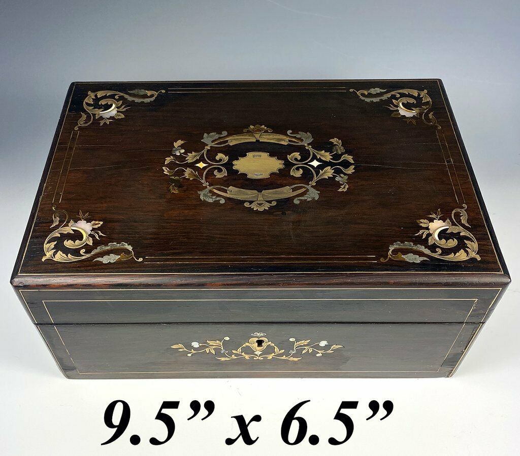 Antique French Boulle Rosewood Jewelry Box, Casket, Mother of Pearl Silver Inlay