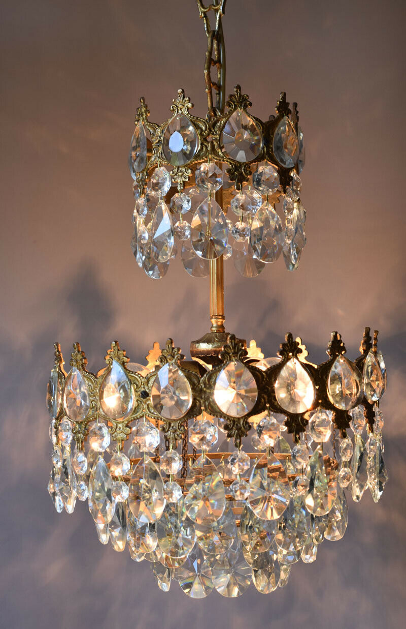 Brass Vintage Crystal Chandelier, Antique Lighting Bridal Lamp French Lustre