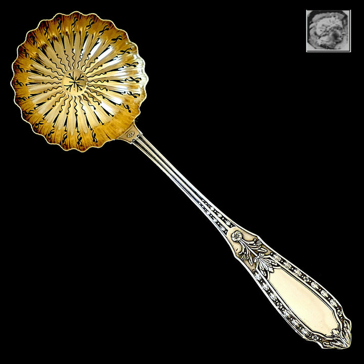 Bergeron French Sterling Silver 18k Gold Sugar Sifter Spoon, Renaissance