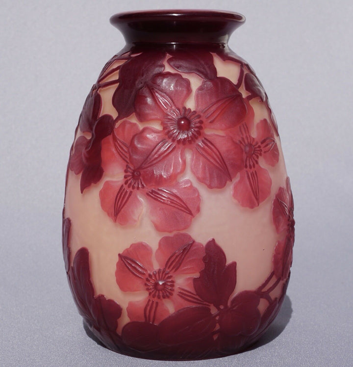 French Emile Galle Blown Out Soufle Vase Red Pink Clematis Flowers