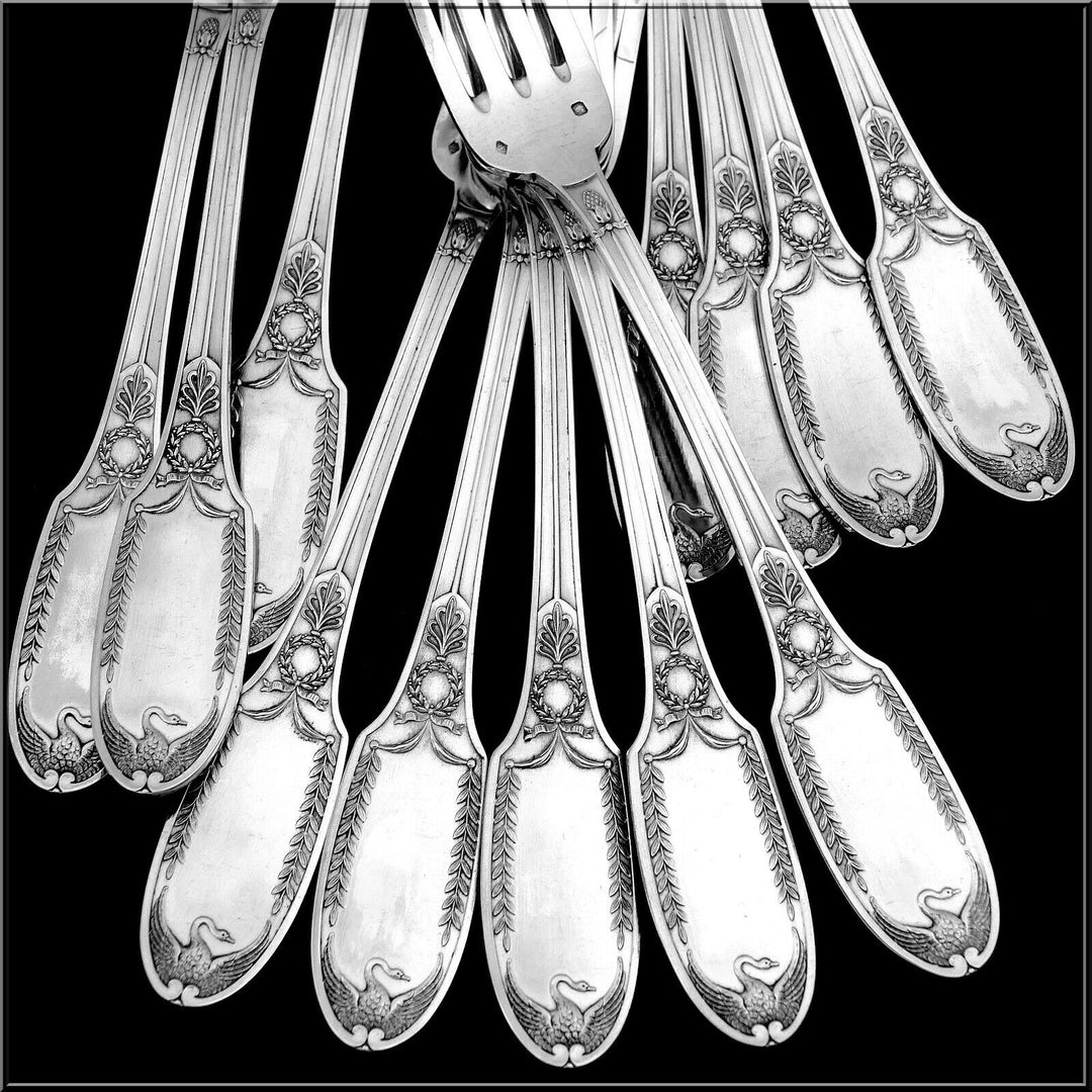 Puiforcat French Sterling Silver Flatware Set 92 Pc, Empire, Swan, Box