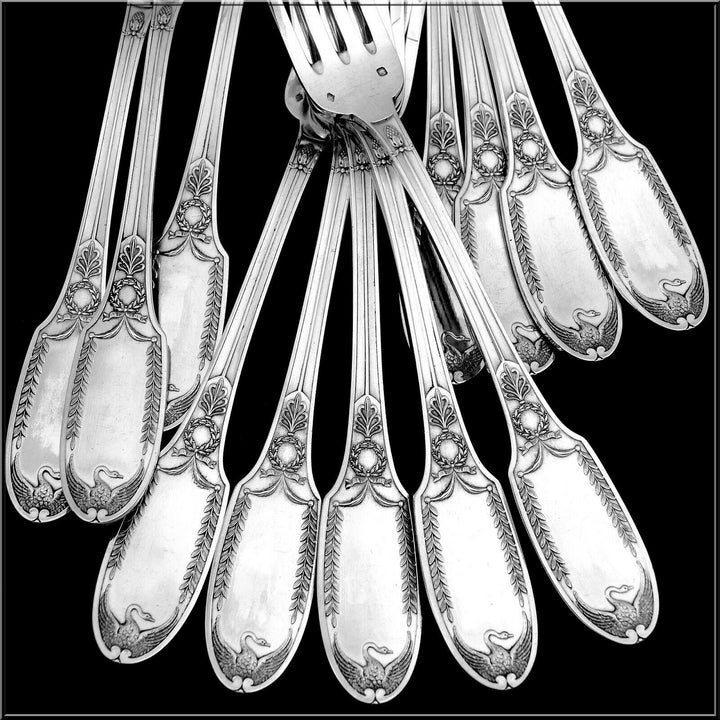 Puiforcat French Sterling Silver Flatware Set 92 Pc, Empire, Swan, Box