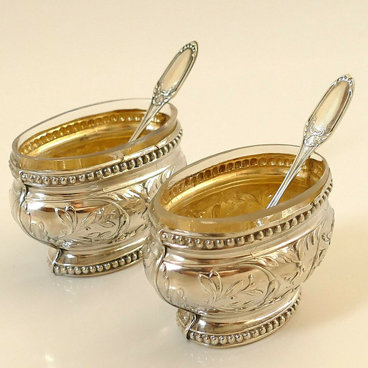 Bezon French Sterling Silver 18k Gold Salt Cellars Pair, Spoons, Original Box