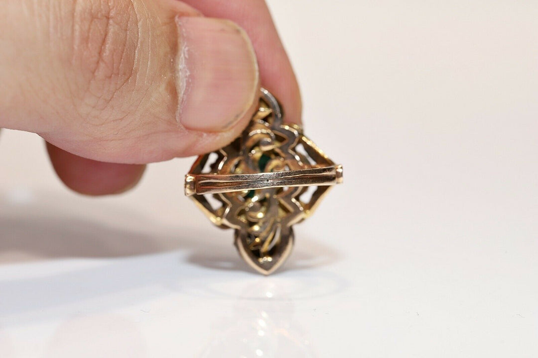 ヴィンテージ 14K ナチュラルローズカットダイヤモンドとエメラルドのリング