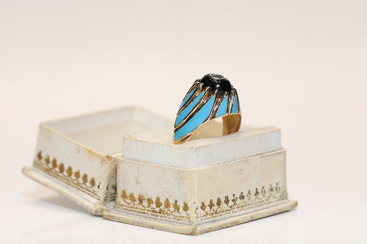 オールド 14K ナチュラルダイヤモンド、オニキス、エナメルのリング