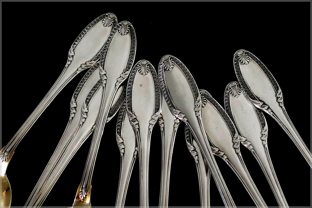 Puiforcat French Sterling Silver 18k Gold Ice Cream Spoons set 12 pc Palmette