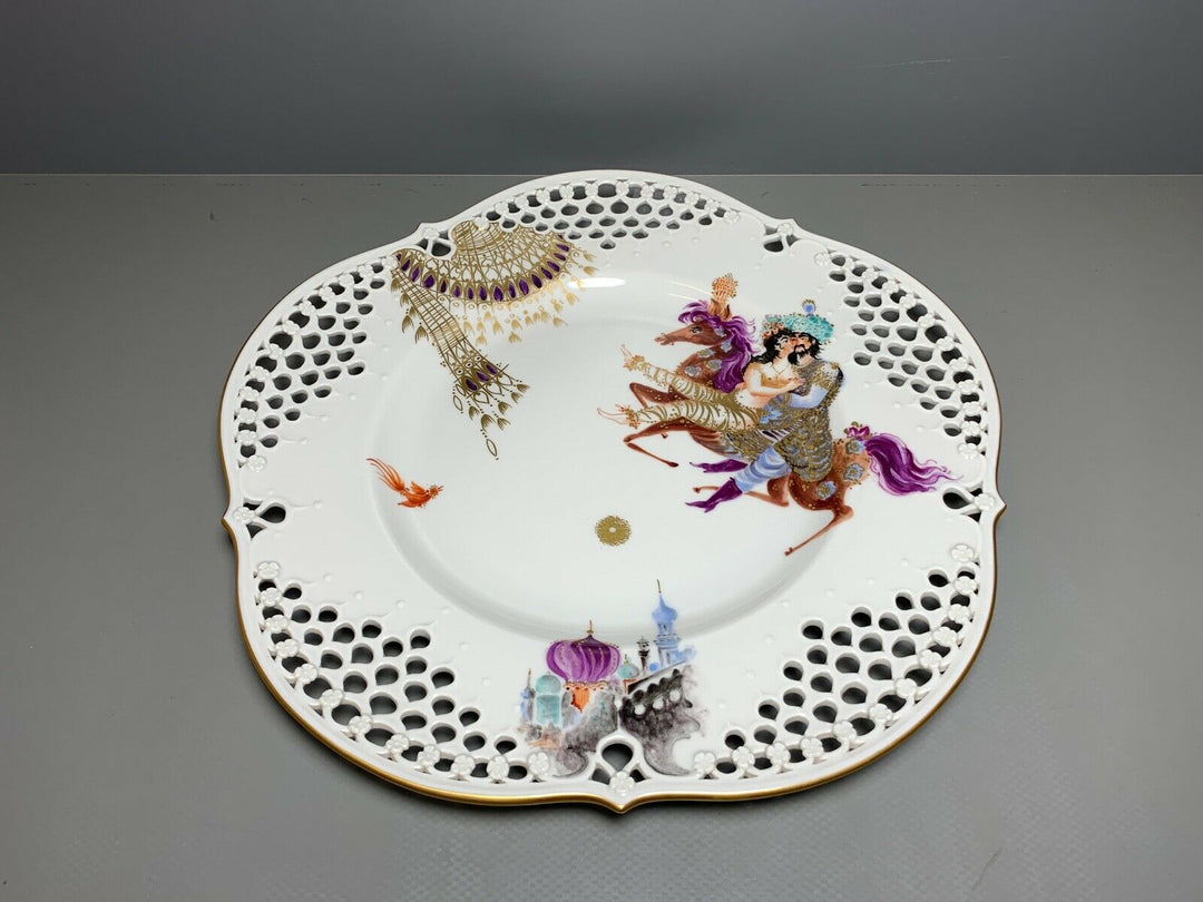 MEISSEN DURCHBRUCH TELLER 1001 NACHT LIEBESPAAR AUF PFERD TOP ZUSTAND D:29cm