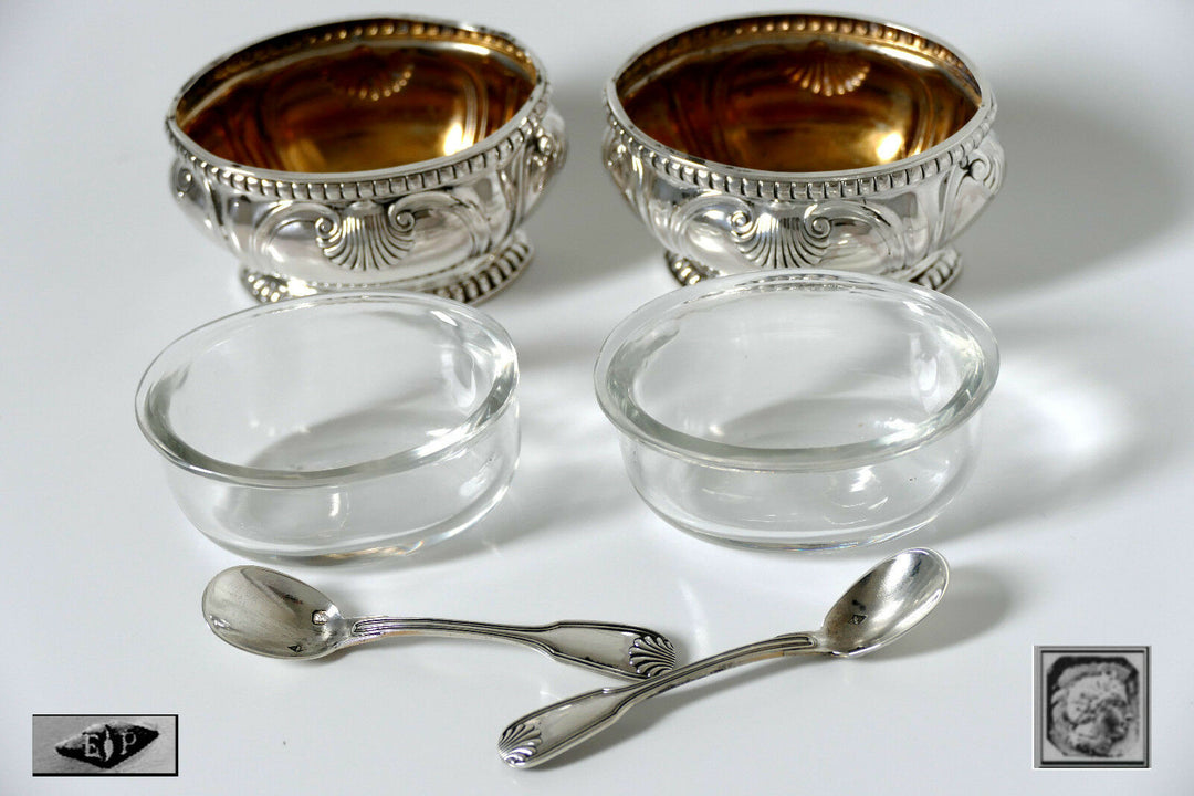 Puiforcat Gorgeous French Sterling Silver 18K Gold Salt Cellars Pair w/spoons