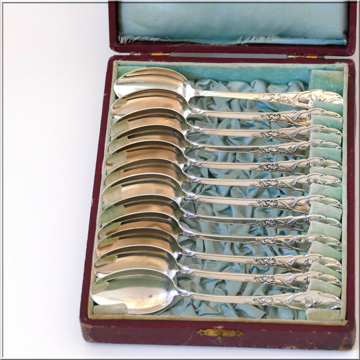 Ravinet Rare French Sterling Silver Tea Coffee Spoons Set 12 Pc, Iris, Box