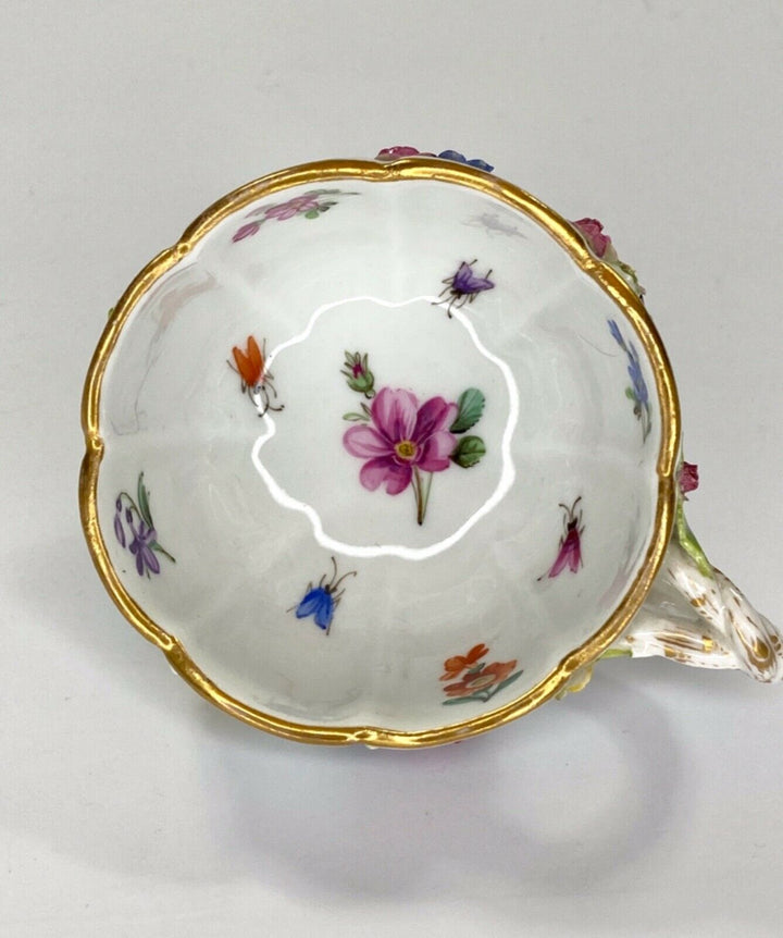 Meissen porcelain cup & saucer. Flower & Fruit encrusted, c. 1870.
